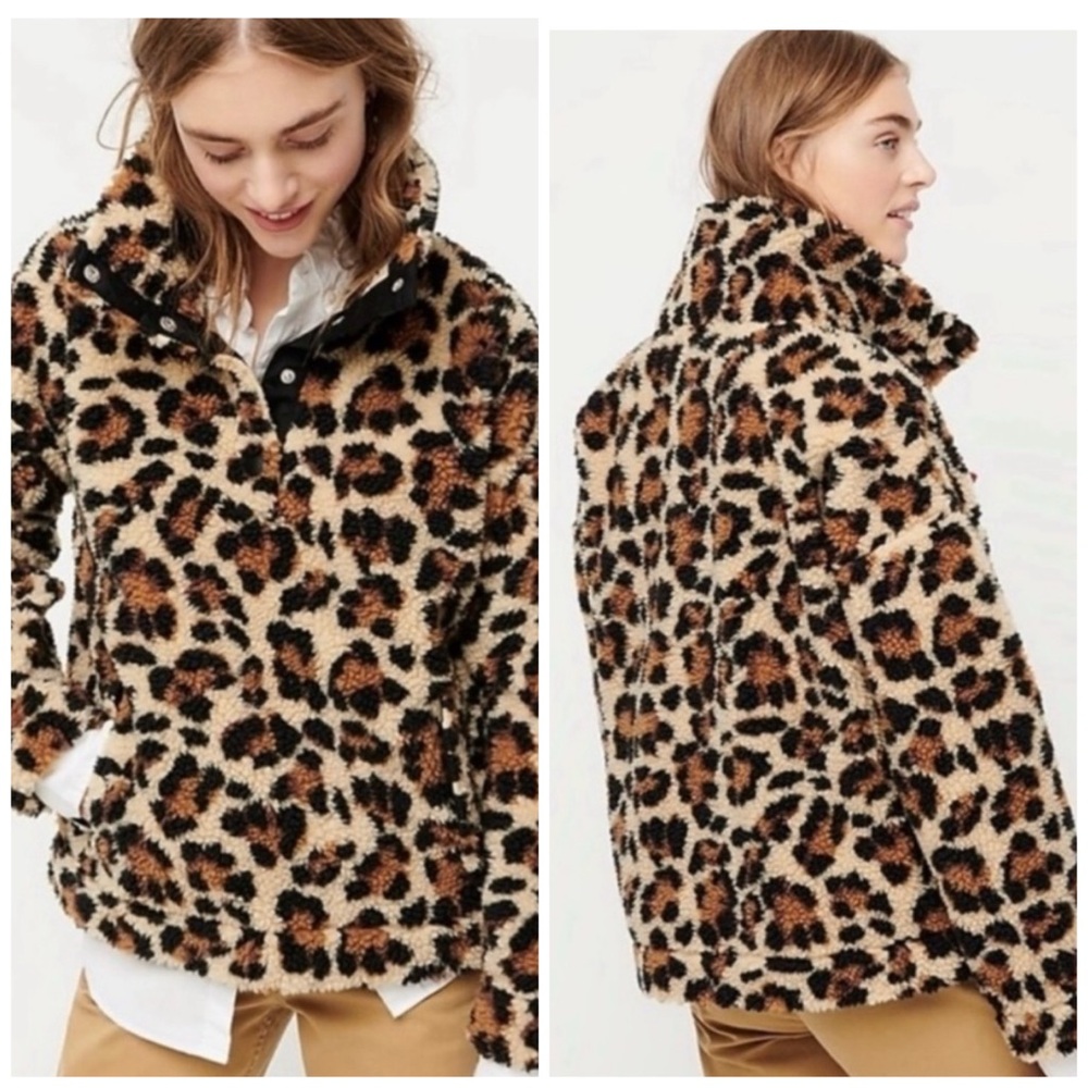 J. Crew Snap-Collar Sherpa Pullover Jacket in Leopard Print - Picture 3 of 8